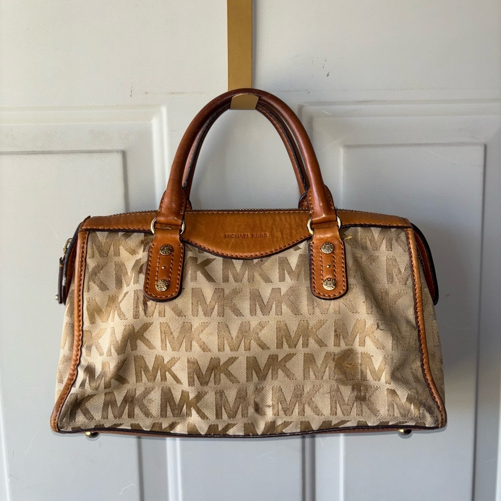Michael Kors brown/ivory monogram satchel